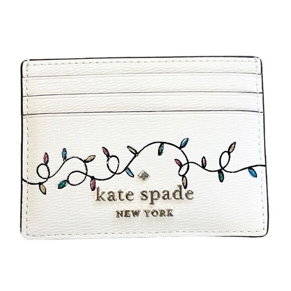Kate Spade Small Slim Claude Dachshund Christmas Lights Card Case Wallet Cream - Picture 2 of 6